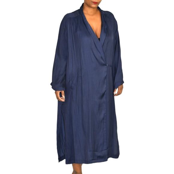 Mable Blazer Dress Blue Navy Satin Silky Oversized Side Slits Baggy Size Medium - Picture 14 of 16